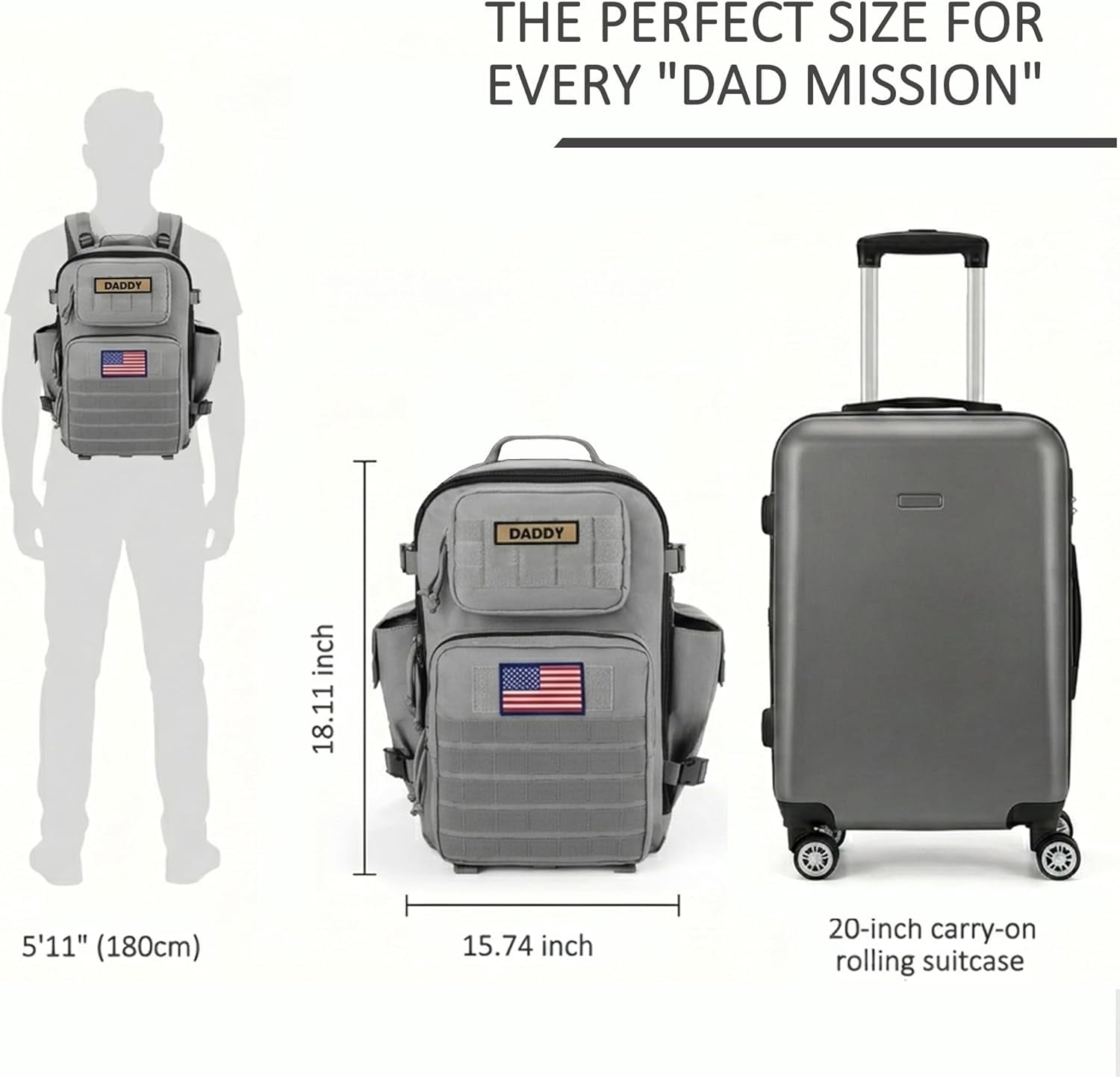 SHARKMOUTH Military Diaper Bag for Tech-Dads: 40L Large Capacity with 15.6" Laptop Sleeve/Insulated Pockets - 900D Polyester with MOLLE System for Business Travel/WFH/Commute (Grey)