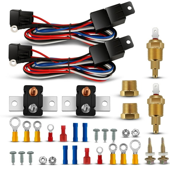 DNA Motoring 2X Set 40 AMP Electric Radiator Fan Relay Kit Thermostat Temp Sensor Switch