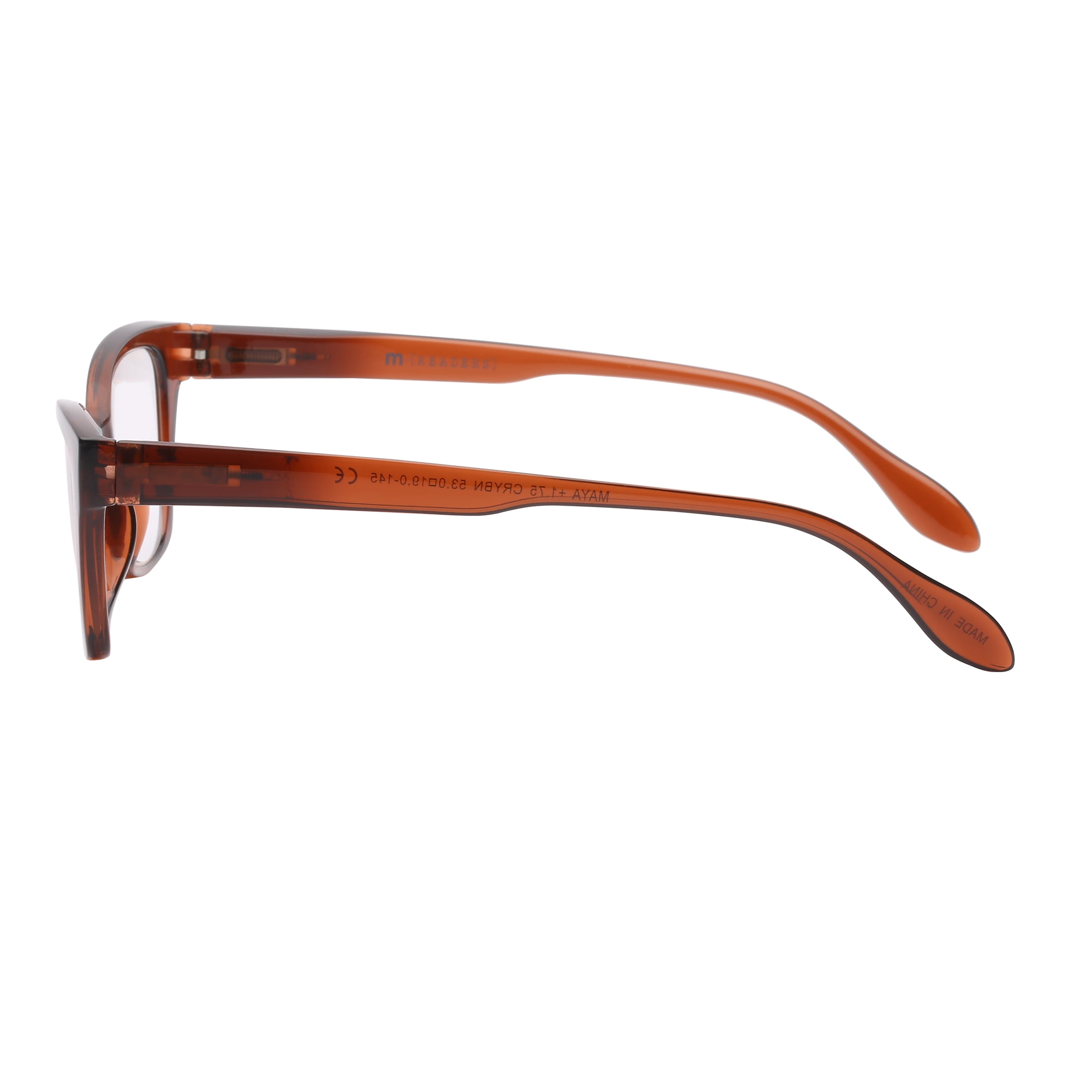 M+ Womens Spring Hinge Plastic Reading Glasses Crybn 1.75 Maya in Crystal Brown with Pouch