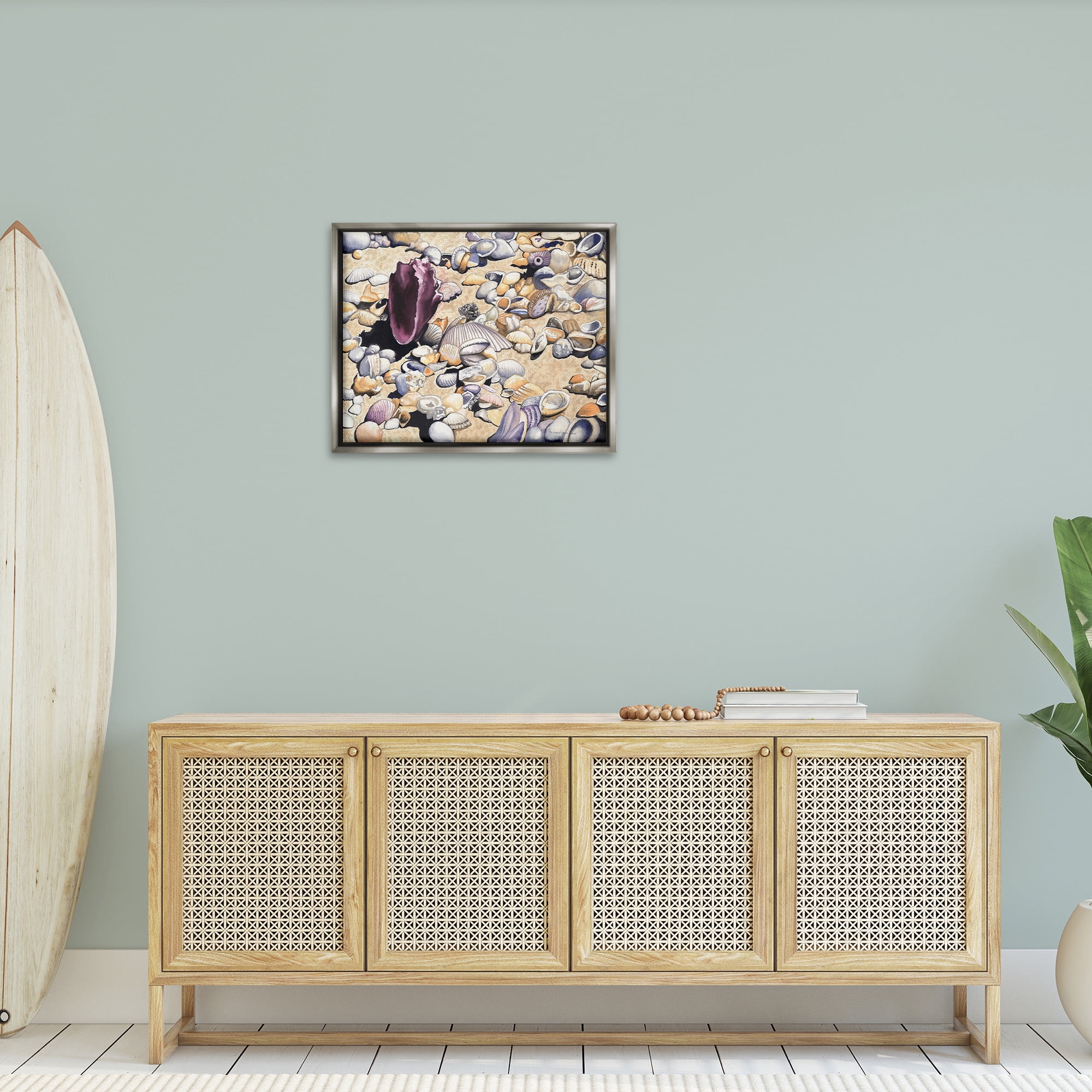 Stupell Industries Various Seashells on Coast Landscape Painting Gray Floater Framed Canvas Art Print Wall Art, 31 x 25