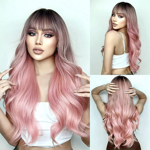 Pink Wigs for Women, Long Wavy Curly Wigs, No Lace Colored Wigs with Bangs, Ombre Black to Pink Wig, Synthetic Wigs for Daily Cosplay Party Replacement 24inch