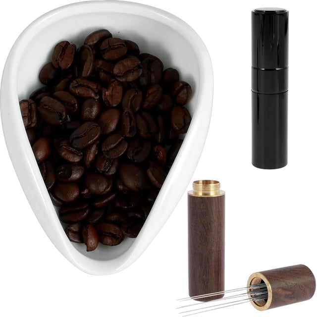 YVE Coffee Bean Dosing Cup and Spray Bottle Set, Coffee Bar Accessories, Ceramic Dosing Vessel Tray Kit with 6 Needles Espresso Distribution Tools Single Dose Measuring Tray Kit (White)-0719