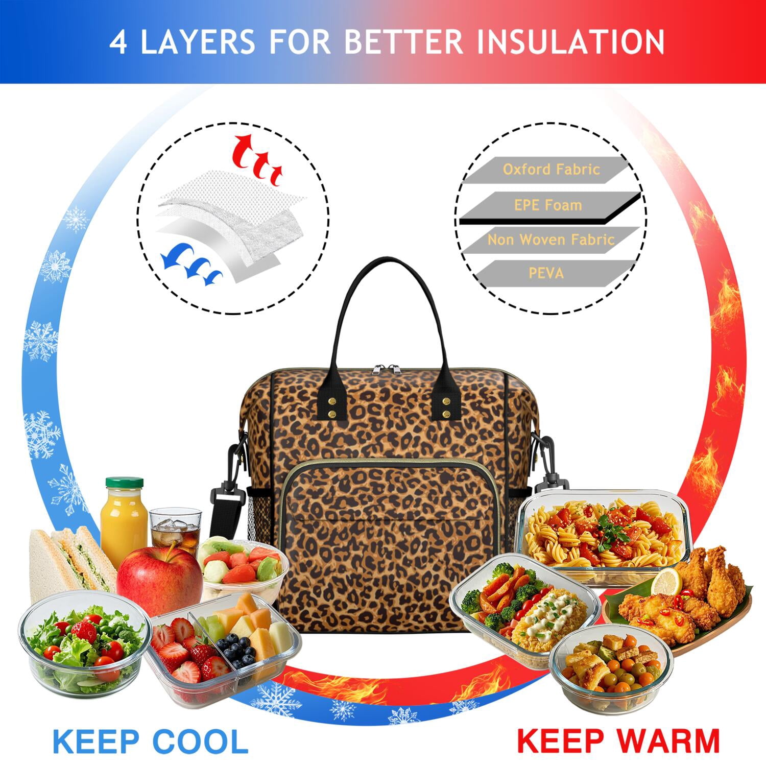 Brown and Black Leopard Print Womens Lunch Box for Work,Insulated Large Lunch Bag for Tween and Teen,Loncheras Para Mujer,Leakproof Adult Lunch Bag for Work,Beach,Travel,Picnic,Camping