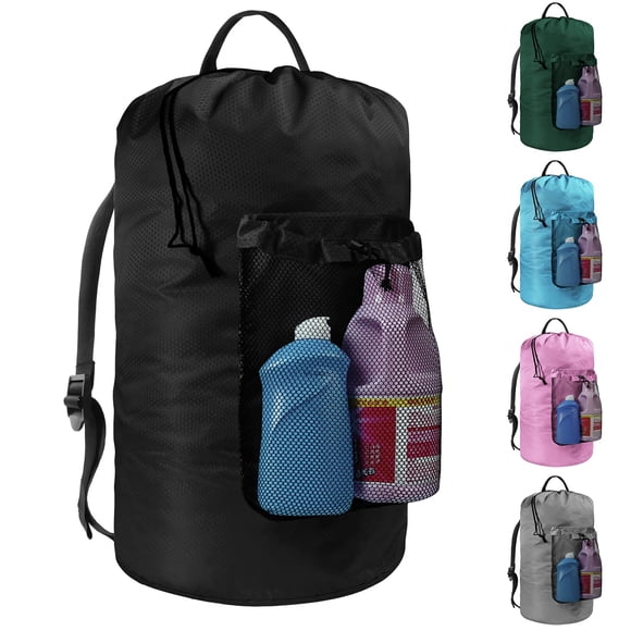 Bolsa de lavandería con correas para los hombros y bolsillo de malla, mochila para la colada, cesto de lavandería portátil grande para apartamento de lavandería universitaria (negro)
