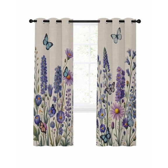 Blue Purple Floral Blackout Curtains for Living Bedroom, Spring Lavender Flower Blue Butterfly Botanical Linen Texture 54 In Long Thermal Insulated Darkening Drapes Grommet Window Treatments 52x54 In