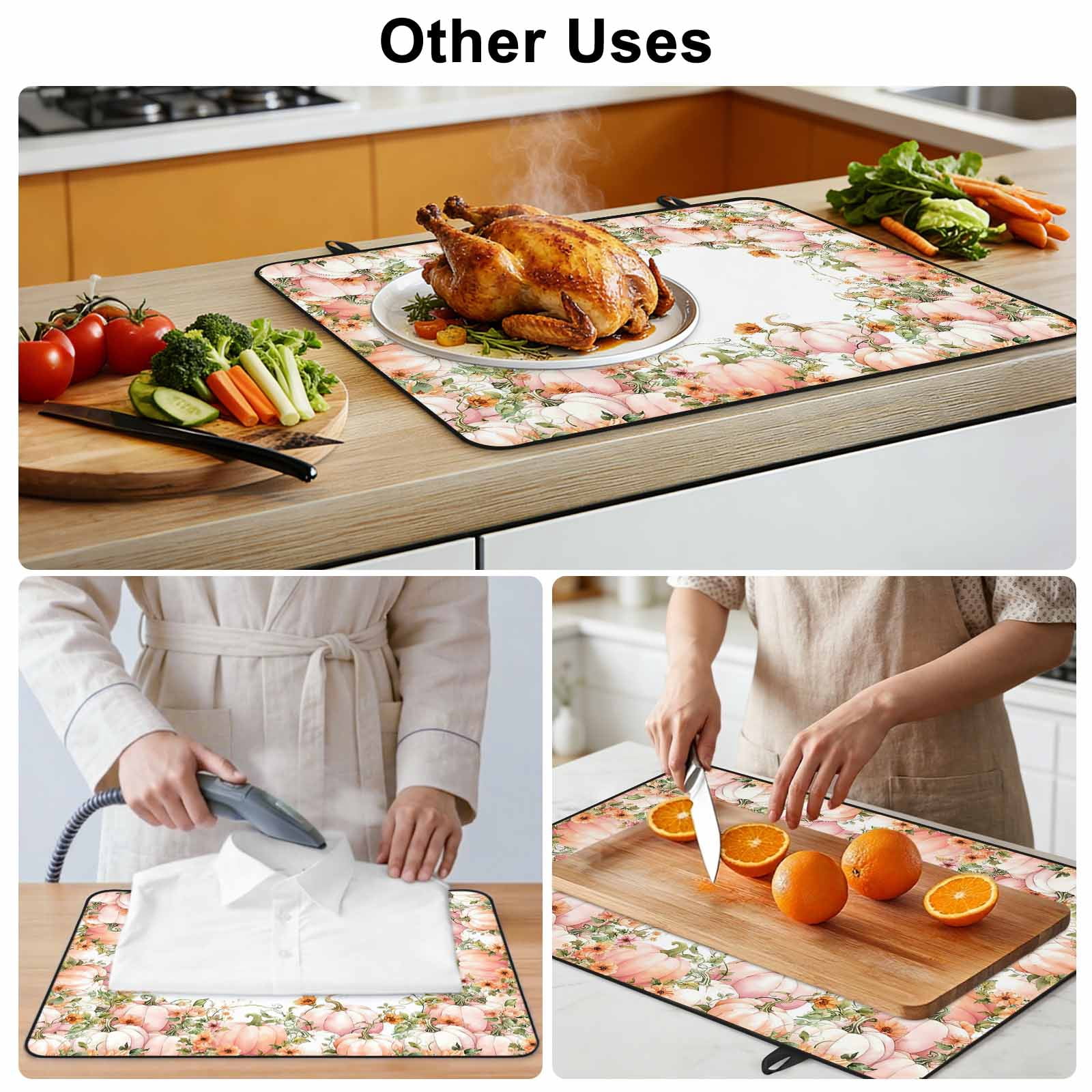 Thanksgiving Fall Stove Top Cover for Electric Stove, Heat-proof & Non Slip Glass Top Stove Cover Protector, Pink Orange Ombre Pumpkin Floral Botanical Kitchen Flat Cooktop Rubber Mat 24x21 Inches