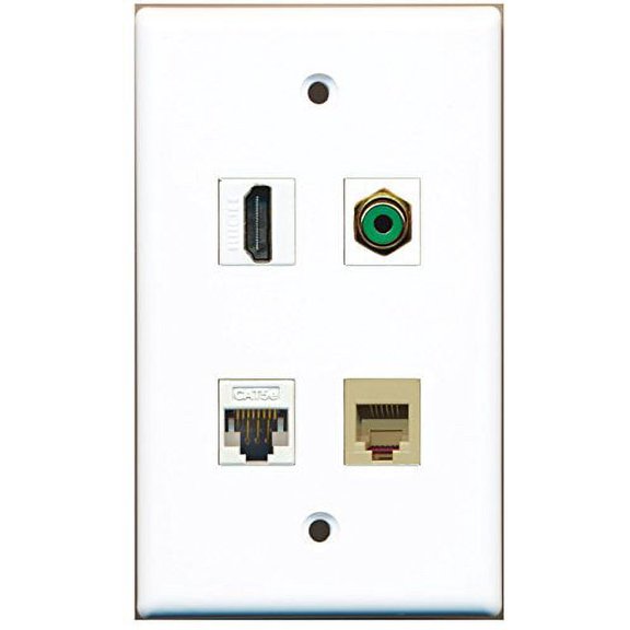 RiteAV - 1 Port HDMI 1 Port RCA Green 1 Port Phone RJ11 RJ12 Beige 1 Port Cat5e Ethernet White Wall Plate