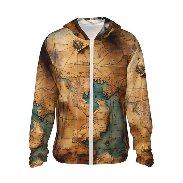 Balery Antique Map Adventure Scene Sudadera ligera de manga larga con capucha y protección solar UPF 50+ para hombre y mujer, ideal para pesca y running-Medium