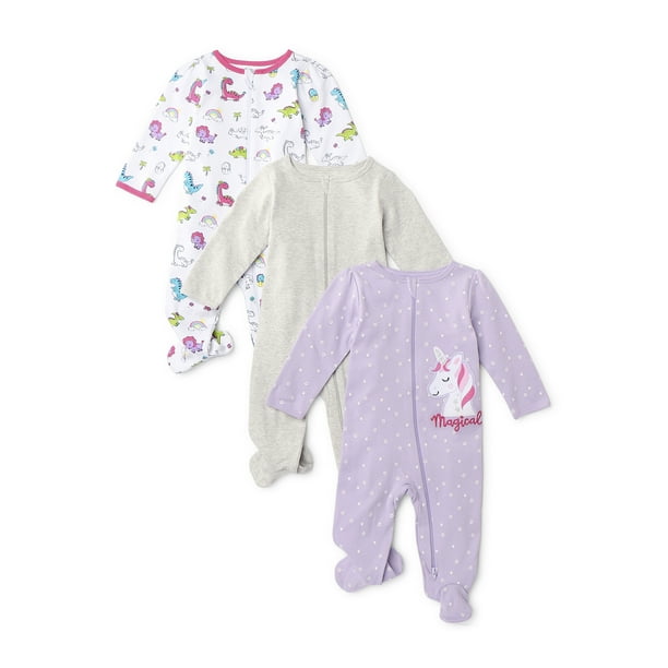 Wonder Nation Baby Girl Inverted Zipper Sleep 'N Play Pajamas, 3Pack
