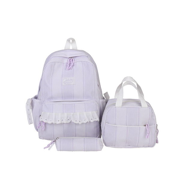 Stripe Lace Nylon Bookbag Set with Lunch Bag & Pencil Pouch, 3-Piece Spacious Carryall Pack for Commute & Travel (Purple)
