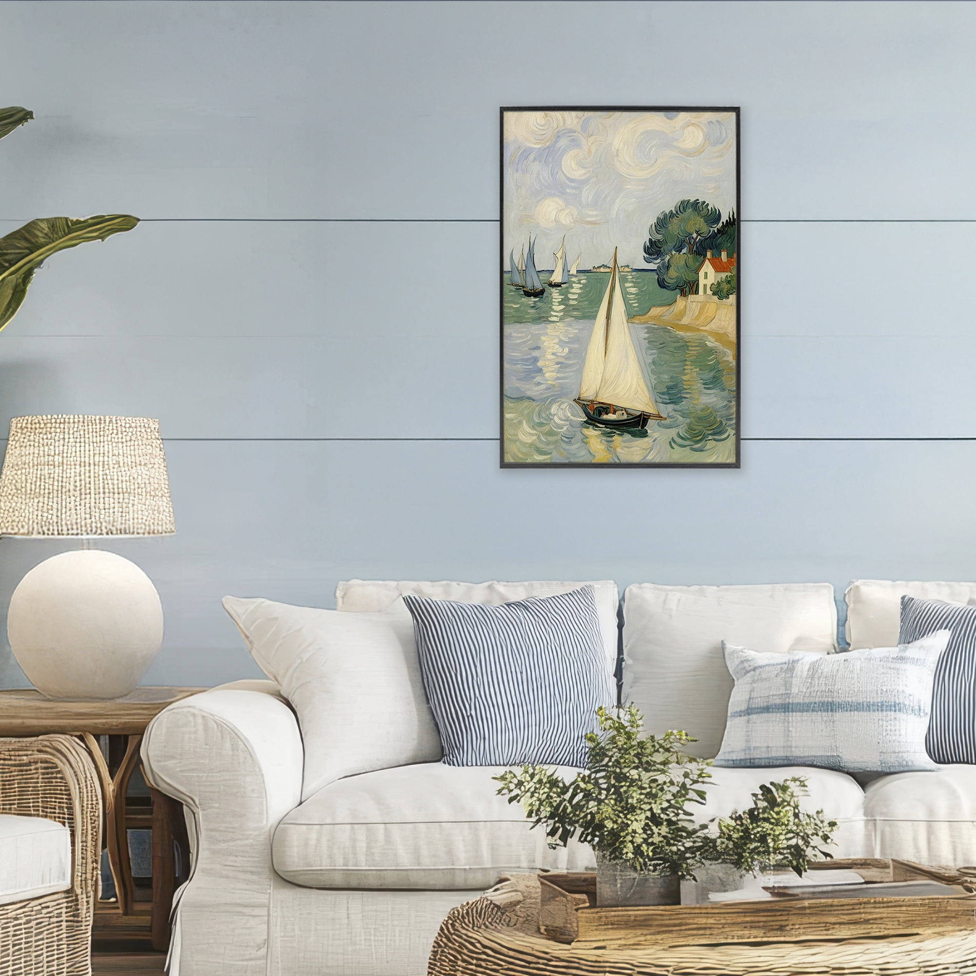Stupell Industries Coastal Sailboats Under Swirling Clouds Black Framed Giclee Art, design by Angie Hawke
