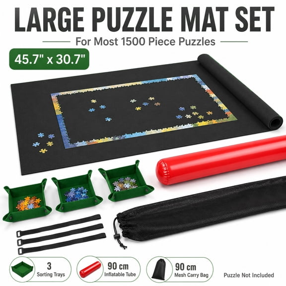 Jigsaw Puzzle Mat Roll Up for 1500 Pieces – Felt Puzzle Mat with Inflatable Tube & Storage Bag – Ideal Puzzle Saver for Adults