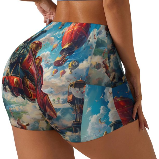 Balery Beautiful Red Train Hot Air Balloon Pantalones cortos de entrenamiento estampados para mujer, sin costuras, ajustados, para gimnasio, yoga, correr, deportes, ejercicio activo, fitness.-Medium