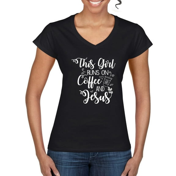 Wild Bobby This Girl Runs On Coffee And Jesus Inspirational/Christian Women Standard V-Neck Tee, Black, Small