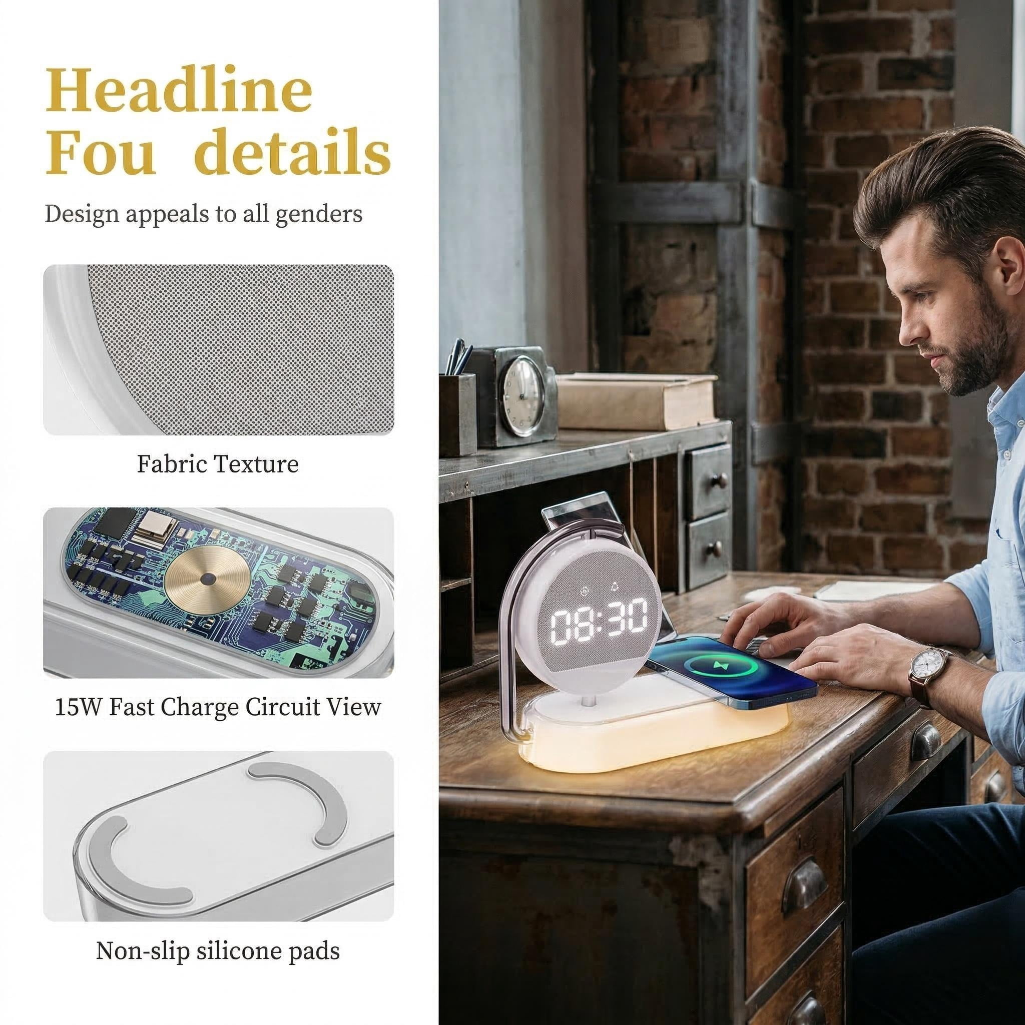 15W Wireless Charger Alarm Clock – Multifunctional night light with 360° rotatable display, 3500K eye-care warm light, touch control, alarm. Includes Type-C cable, safe for bedside desk charging
