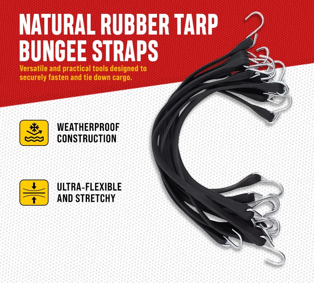 100 Pack 15" Natural Rubber Tarp Bungee Straps Tie Down Cords S Hooks Heavy Duty Ideal for Securing Tarps