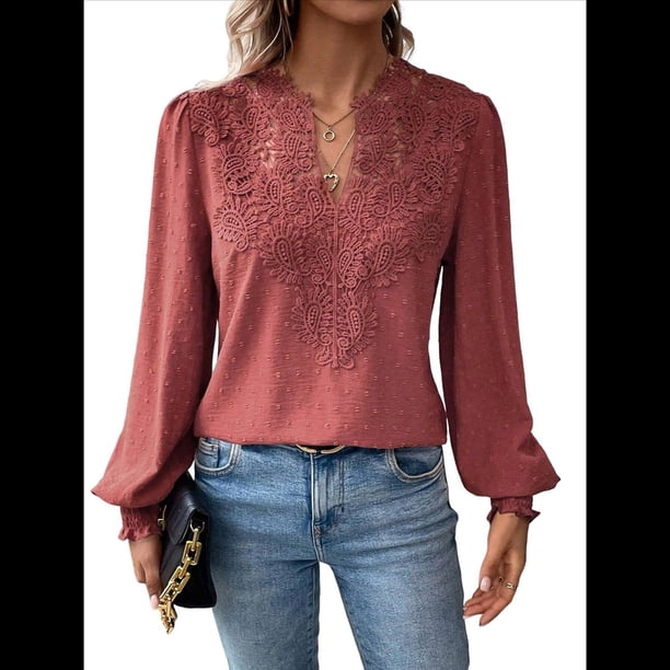 Blusas de con Lunares, Estilo Bohemio, de Larga y Cuello en V para Mujer, con Encaje de Ganchillo, Estilo Informal y Moderno Vino Tinto S