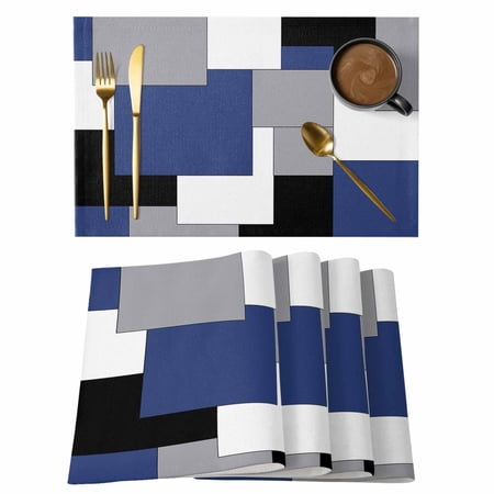 Navy Blue Grey Black Geometric Placemats Set of 2 Cotton Linen Fabric Place Mats Middle Century Art Abstract Aesthetics Decorative Table Mats Protector for Home Kitchen Dining Wedding Coffee Tables