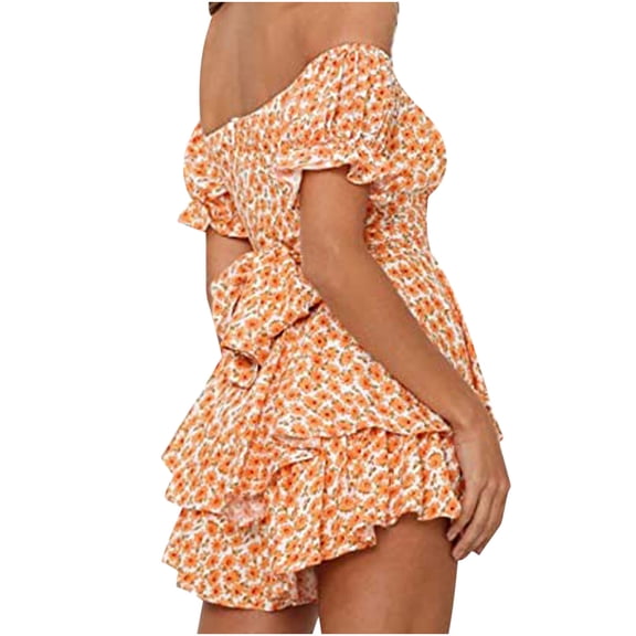 Odeerbi Boho Floral Jumpsuits for Women 2025 Off Shoulder Chiffon Romper Ruffle Shorts Summer Beach Playsuits Beige