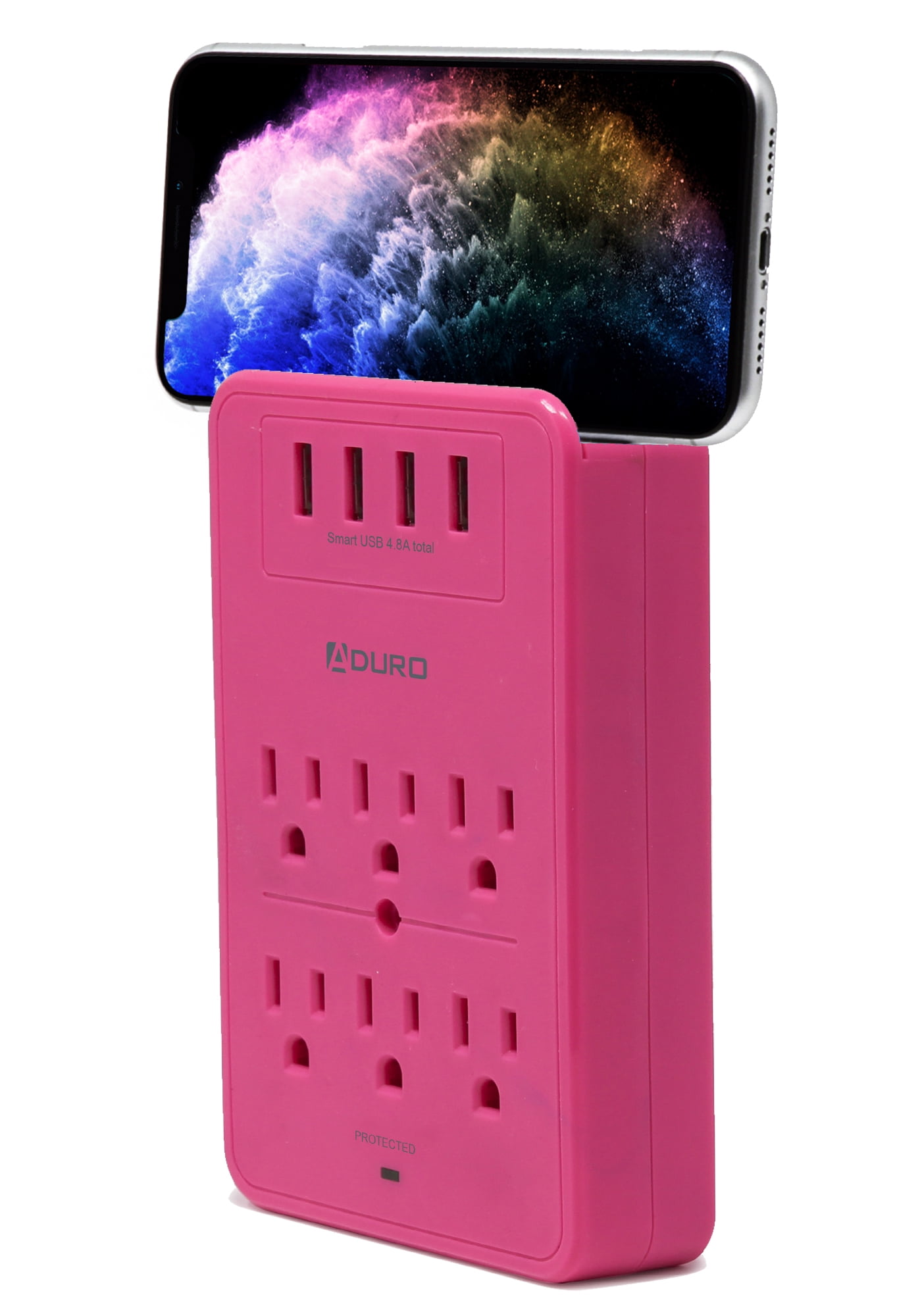 Aduro Surge Protector 6 Outlets Power Strip Station with USB (4 Ports 4.8A) Wall Mount Multiple Outlet Splitter Extender Adapter with Phone Shelf Stand ETL Listed Pink