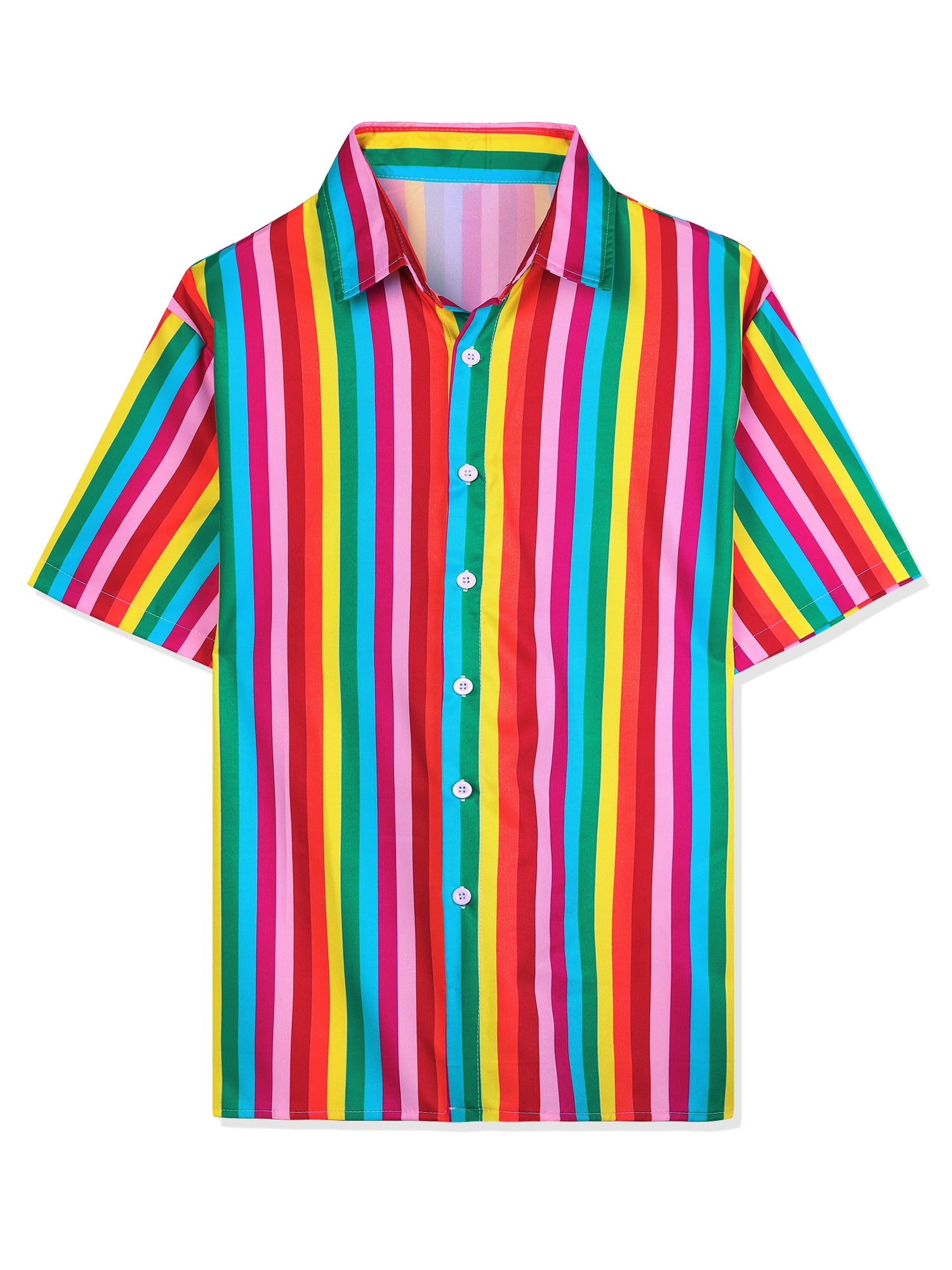 Unique Bargains Men's Summer Vertical Stripe Print Short Sleeve Button Down Shirts XL Rainbow