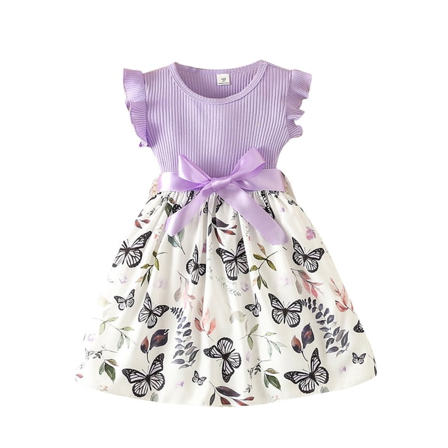 dmqupv Robe Fille Courte Robes pour Tout-Petites Manches Volantées Robe à Imprimé Papillon Robes d'Été de Plage Violet, Taille pour 3-4 Ans