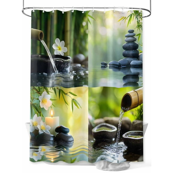 Fsddascl Zen Stones Shower Curtain Set - 54" x 78" Washable Bathtub Curtain with 12 Hooks, Nature Water Reflection Checkered Waterproof Fabric Stall Shower Curtains for Bathroom/Bathtub Décor