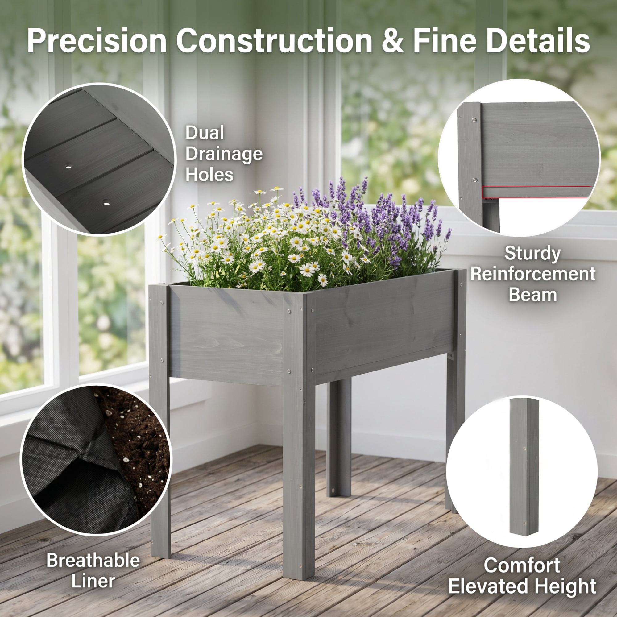 Leumius 40x20x31 Inch Raised Garden Bed with Legs, Elevated Wooden Planter Box for Outdoor Plants Flowers Fruits Vegetable Herb Growing Grey