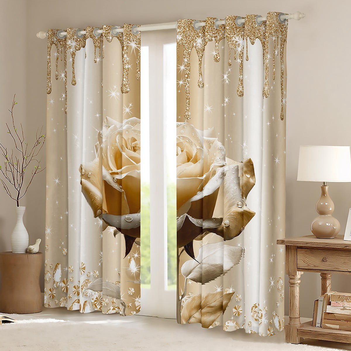 Castle Fairy Floral Rose Curtains Pack of 2 (42x84 Each),Sparkling Crystal Curtains Blackout,Bling Splash Sequin Bedroom Curtains,Microfiber Girls Bedroom Decor