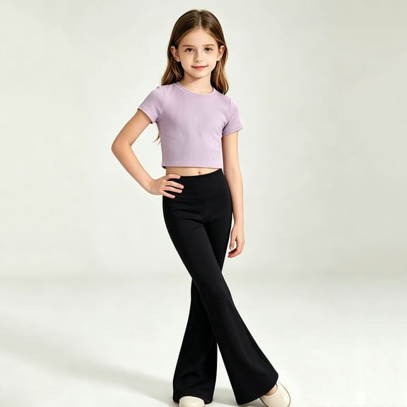 Angala Little Girls Yoga Pants Slim Fit Flared Leg Fall Casual Girls Dance Pants Size 5-6 Years Black