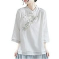 thumbnail image 3 of Dazajoo Vintage Chinese Style Tops for Women Frog Button Blouses Summer Casual 3/4 Cotton Linen Shirts,White,XXL, 3 of 6