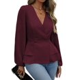 thumbnail image 2 of Women Dressy Long Sleeve Blouses,Wrap Peplum Work Shirts V Neck Business Tops Elegant Fall Outfits Wine Red M, 2 of 9