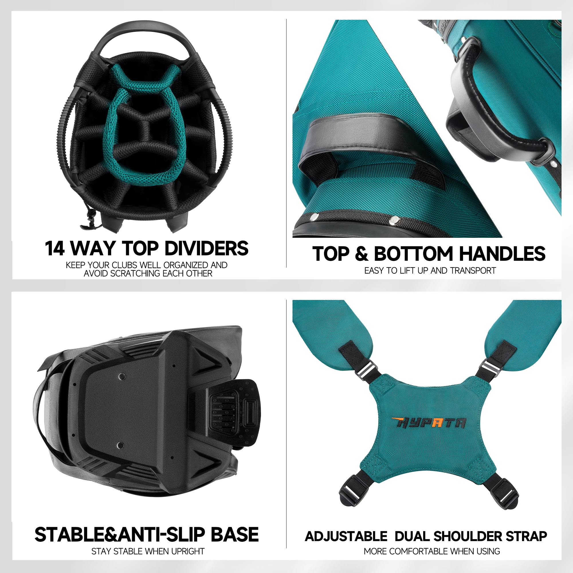 SKOK 14-Slot Stand Golf Bag with Waterproof Fabric and 8 Pockets, PU Leather, Dark Green