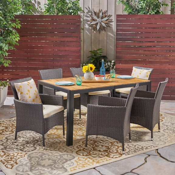 Ariella Outdoor 7 Piece Rectangular Acacia Wood and Wicker Dining Set with Cushions, Multi Brown, Teak, Beige