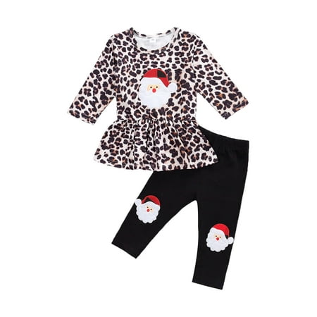 

Dewadbow Christmas Infant Baby Girls Clothes Santa Leopard Tops Pants Sets