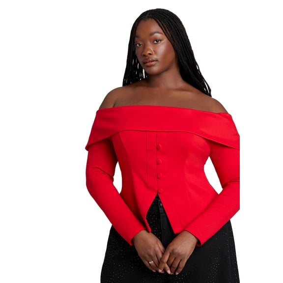 ELOQUII Women's Plus Size Fold Over Top With Front Button Detail