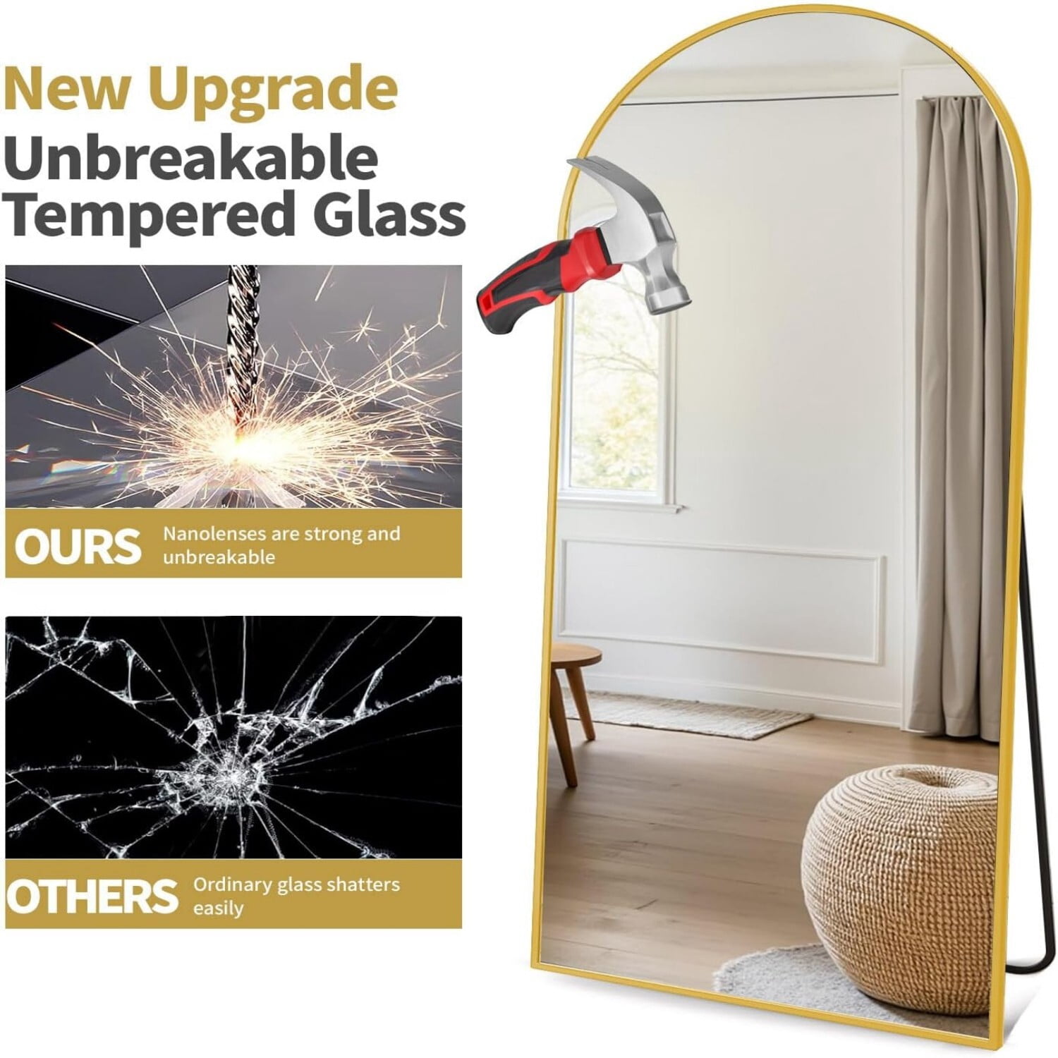 Easy4Home 76"x34" Arched Full Length Mirror Freestading Full Body Floor Mirror, Gold