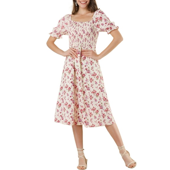 DARING DIVA Square Neck Puff Sleeves Smocked Waist Midi Floral Dres S Beige