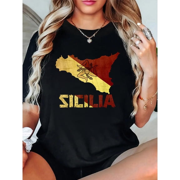 100% Cotton Vintage Sicilia Map Italia Sicily Flag Italian Souvenir T-Shirt Women's Graphic Tee Casual Tops