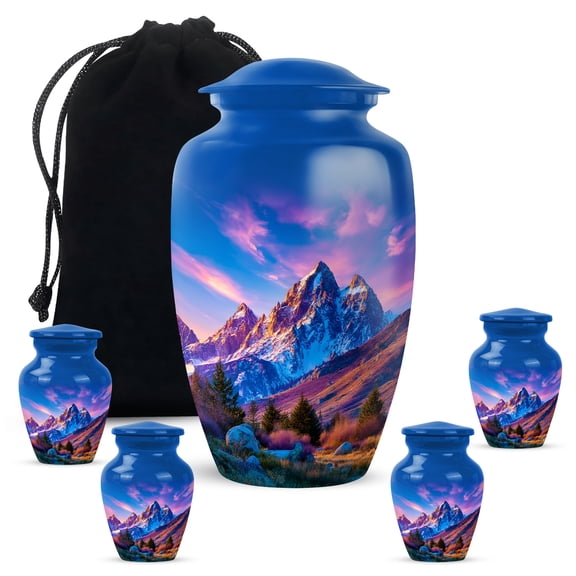 Mountain Funeral Cremation Urn For Human Ashes Adult Female Mom, 1 Large And Set Of 4 Keepsake Urn For Mom And Dad, Burial Urns For Grandfather, Blue Urns For Human Ashes 10&3 Inch