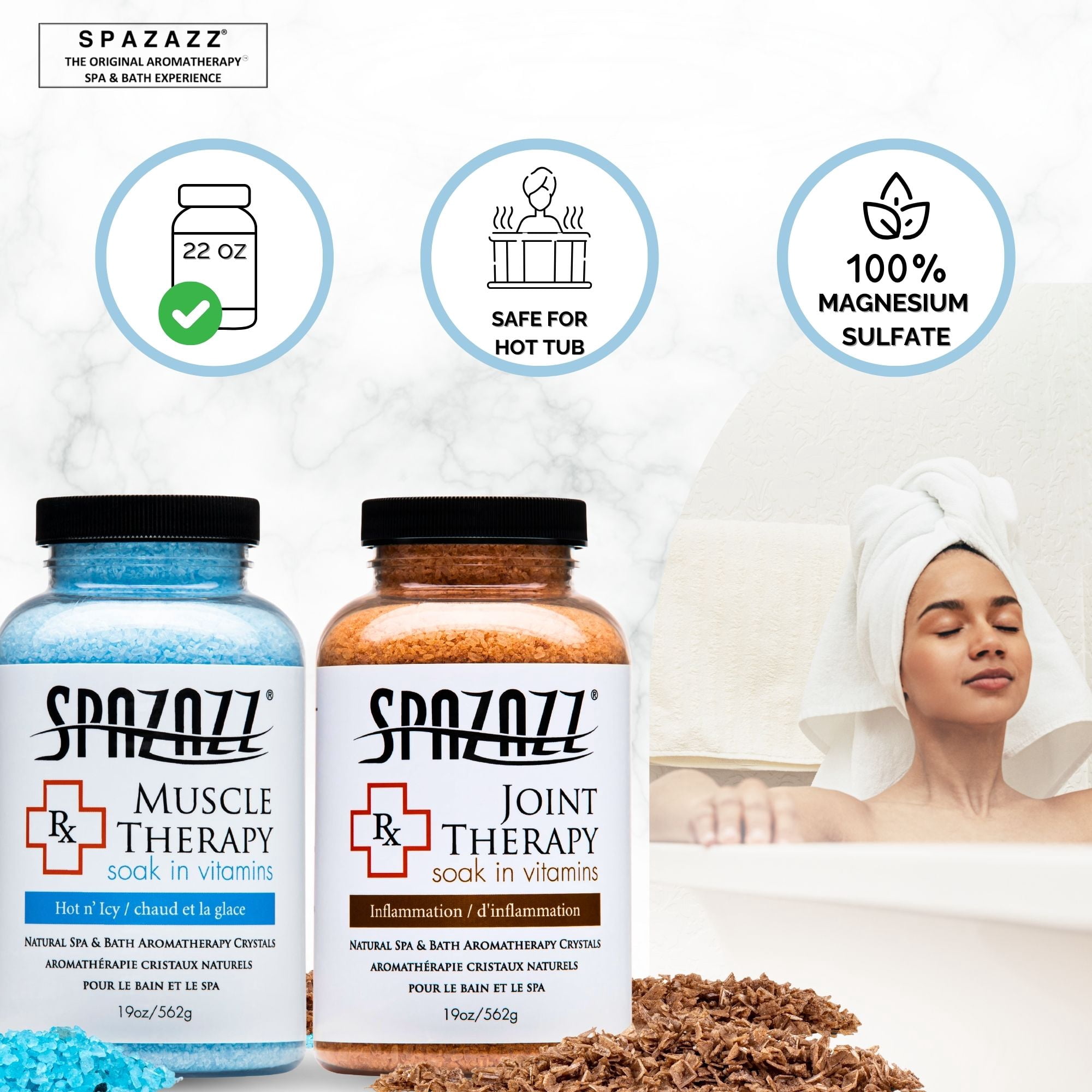 Spazazz Aromatherapy Spa and Bath Salts Crystals RX Therapy Collection 2 Pack Bundle- One 19 Oz Jar Each Spazazz Muscle Therapy and Joint Therapy- Dead Sea Bath Salt Crystals