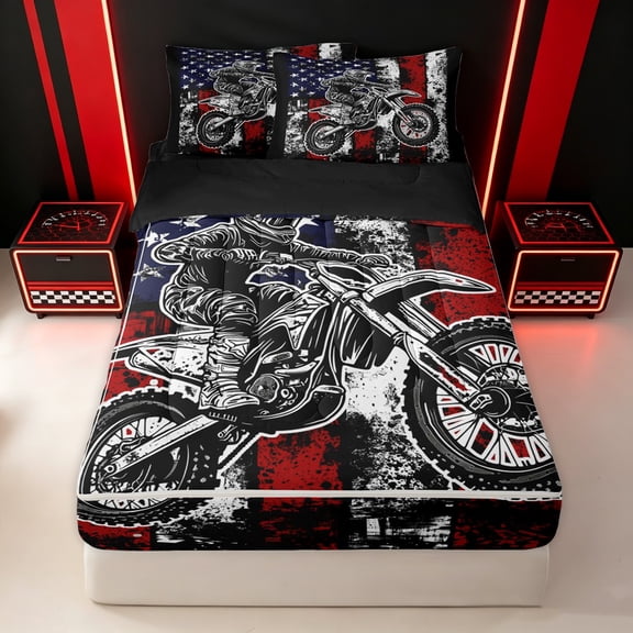 Erosebridal Red Graffiti Motorbike Zipper Twin Comforter Sets with Fitted Sheet and 2 Pillowcases for Boys Men, Vintage Flag Star Print Zipper Bedding Set, Black Reversible, 4pcs