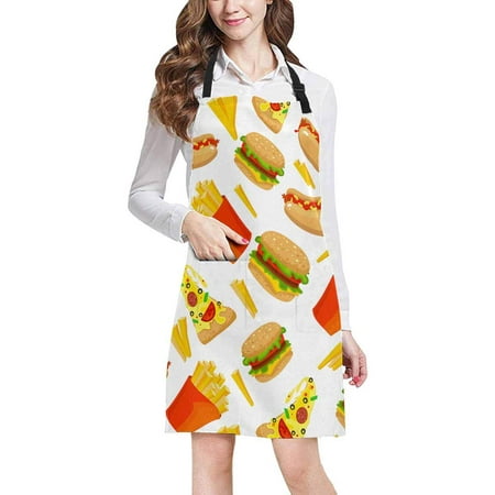 ASHLEIGH Cute Fast Food Hamburger Potato Hot Dog and Pizza Unisex Adjustable Bib Apron with Pockets for Women Men Girls Chef for Cooking Baking Gardening