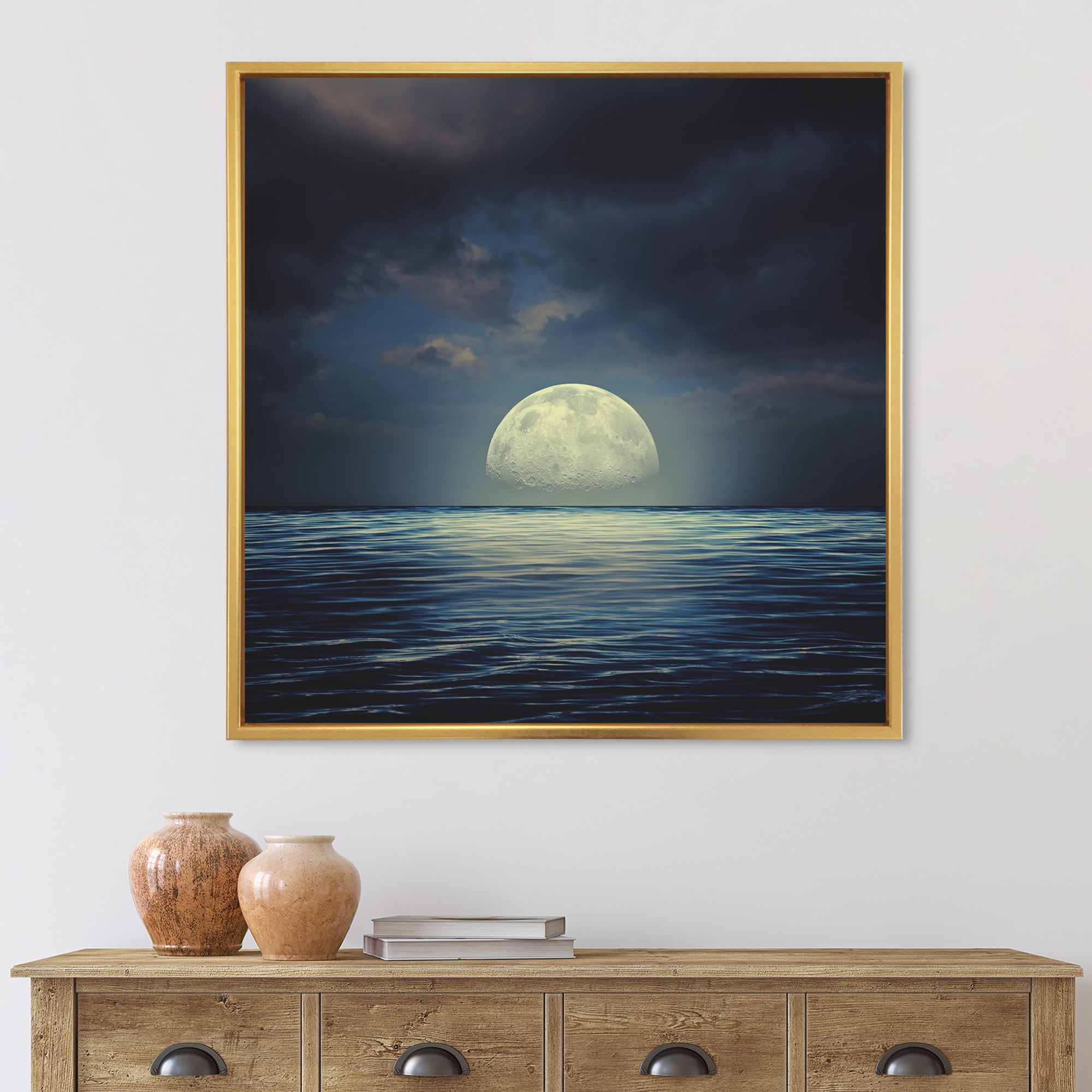 Designart 'Super Moon Over The Blue Sea' Nautical & Coastal Framed Canvas Wall Art Print