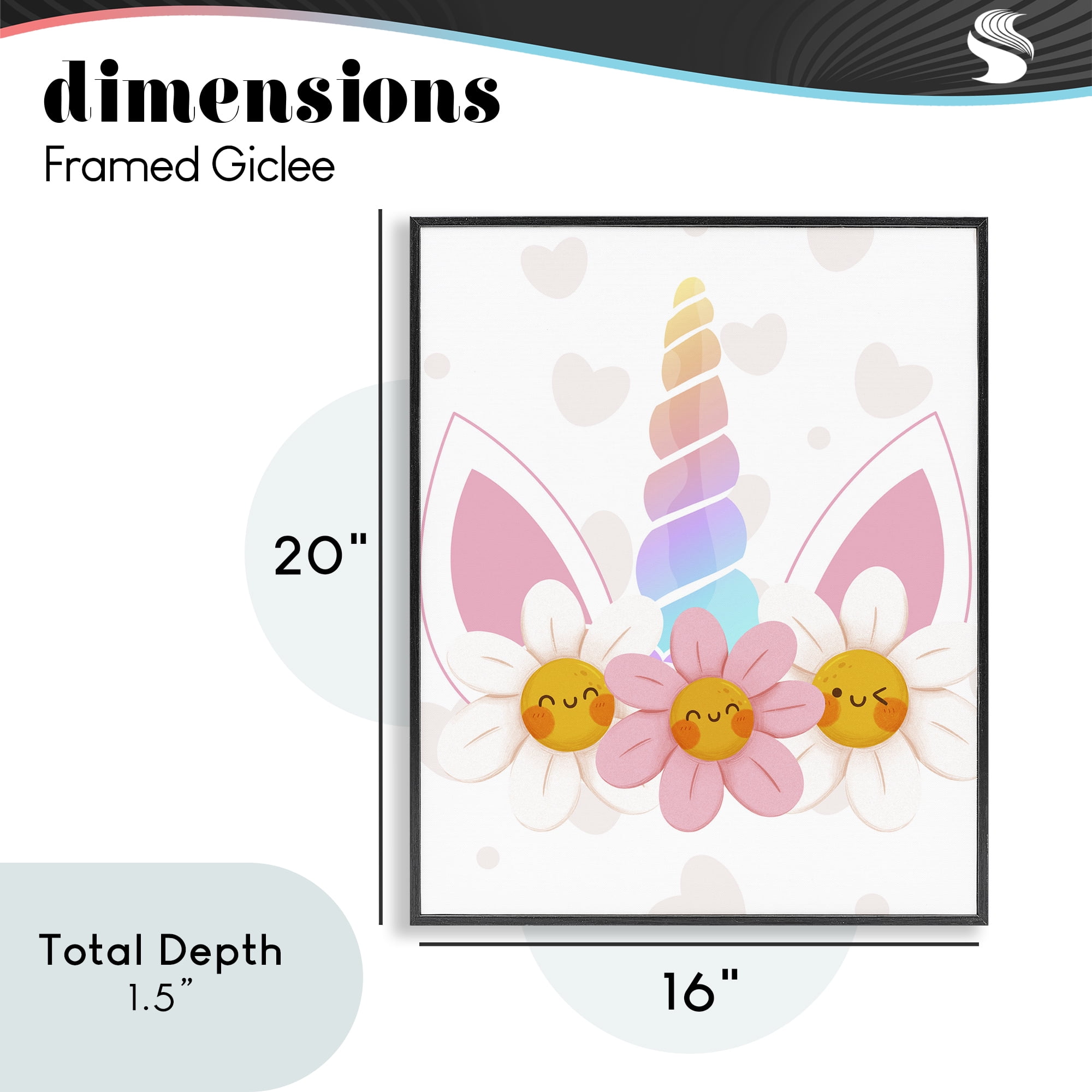 Daisy Unicorn with Hearts Black Framed Giclee Art, design by Jesse Keith