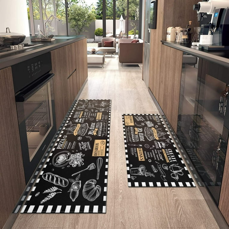 Xsinufn Black Coffee Theme Kitchen Rugs Set of 2,Cafe Kitchen Rugs and Mats  Non Skid Washable,Black Kitchen Runner Rugs with Rubber Backing (Pizza