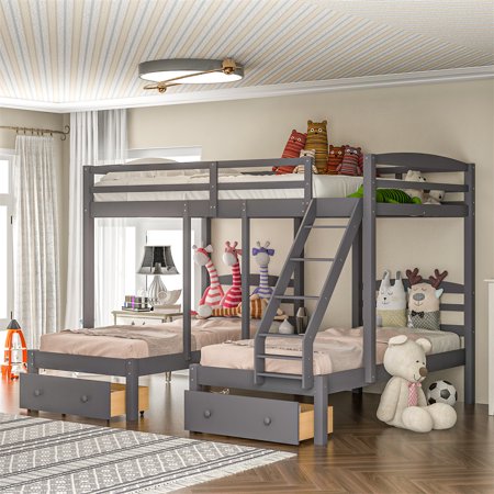 Wood Triple Bunk Bed Full Over Twin & Twin Bunk Beds for 3  Triple Bunkbeds with Two Drawers and Built-in Middle Drawer  Ladder and Guardrails for Kids Teens and Adults  No Box Spring Needed  Gray