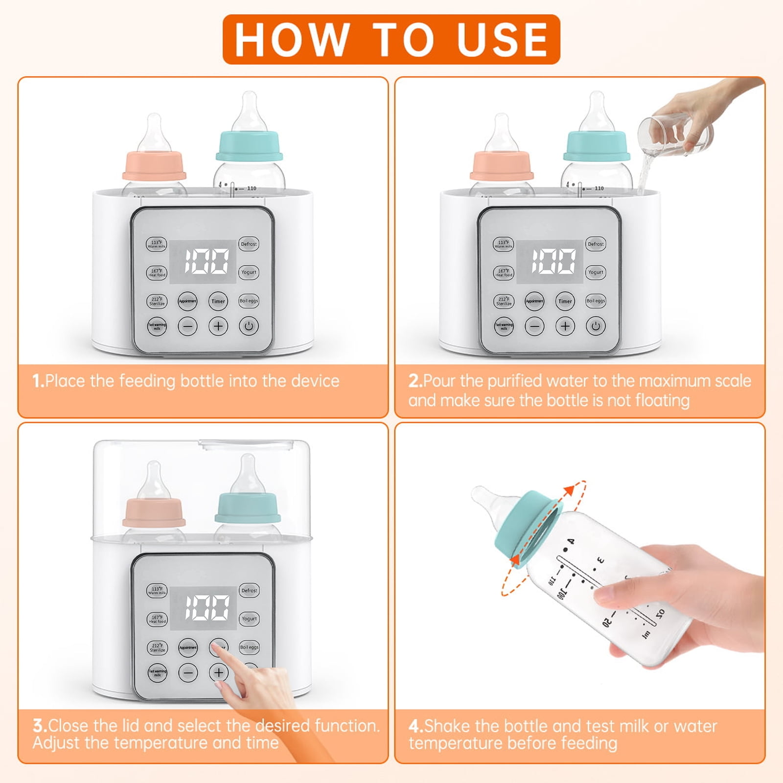 Baby Bottle Warmer, 9-in-1 Fast Milk Heating, Food Heating & Defrosting, 2 Bottle Breastmilk or Formula Warmer with Timer