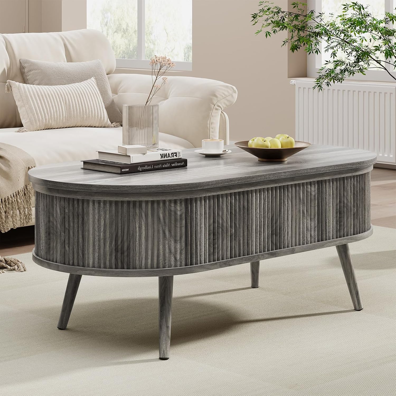 SELOOYE 39.4" Mid Century Oval Coffee Table, Fluted Center Table with Lift Top, Modern Dining Table with Storage for Living Room Home Office, Gray