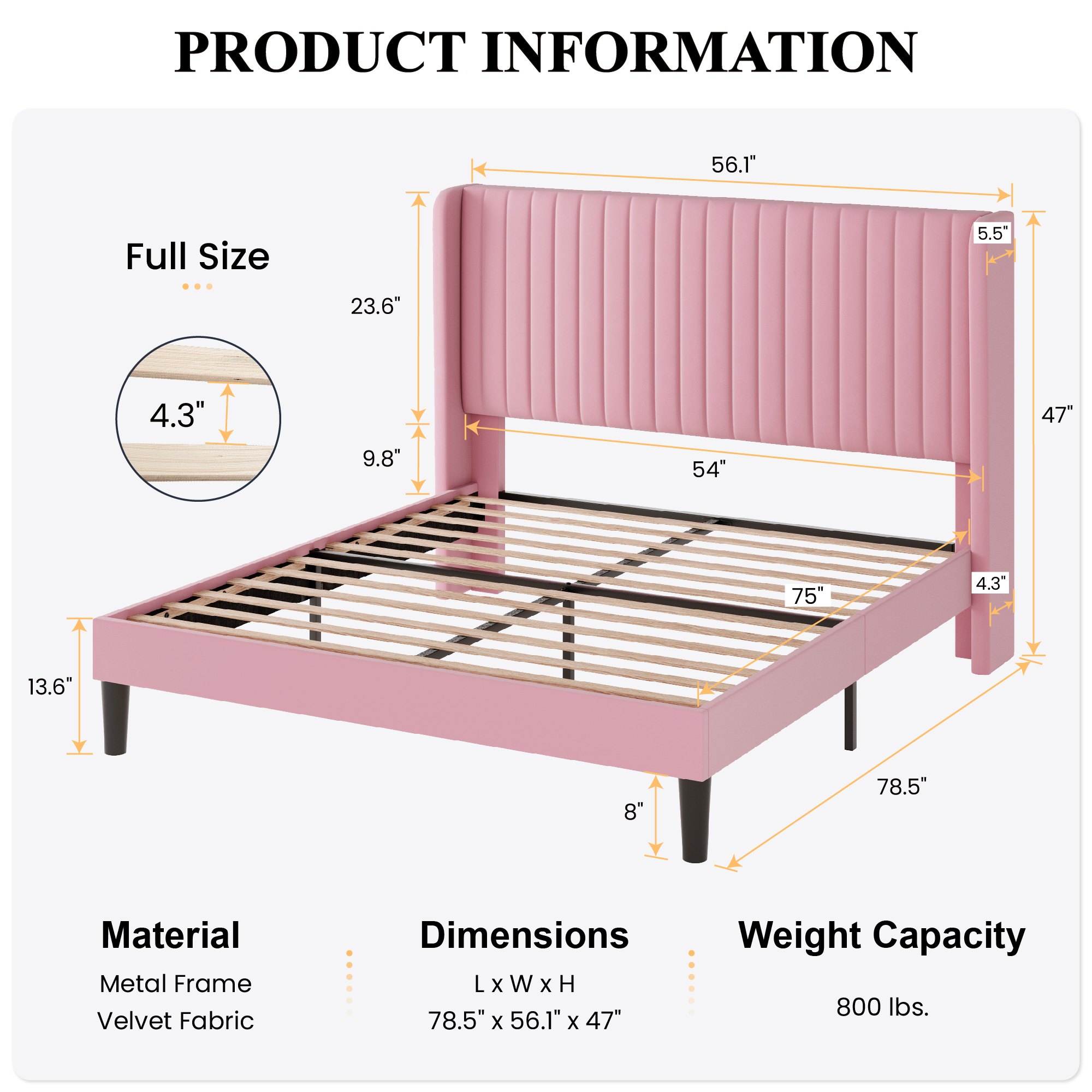 Sha Cerlin Queen Size Upholstered Platform Bed Frame with Velvet Channel Wingback Headboard, Off White